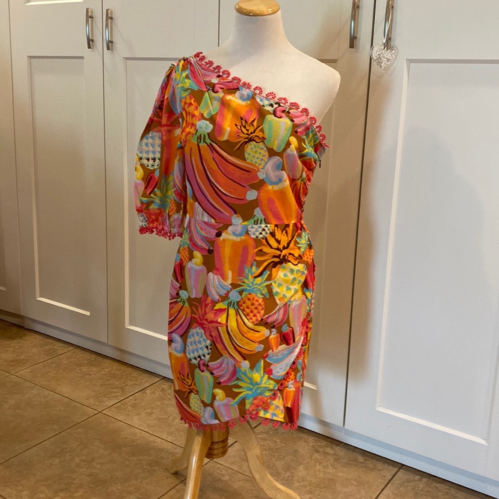 FARM Rio One-Shoulder Tropical Fruit Print Dress in Pink, Orange, Yellow, Green